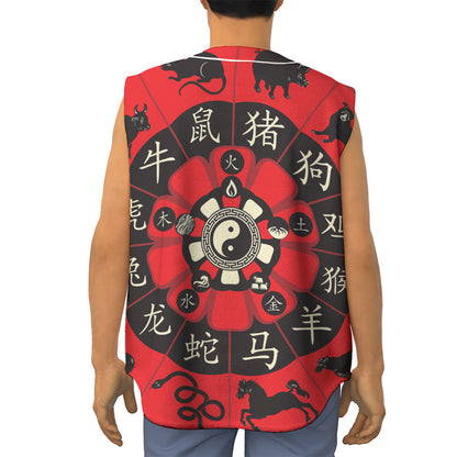 Red Chinese Zodiac Wheel Print Sleeveless Baseball Jersey