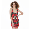 Red Chinese Zodiac Wheel Print Sleeveless Bodycon Dress