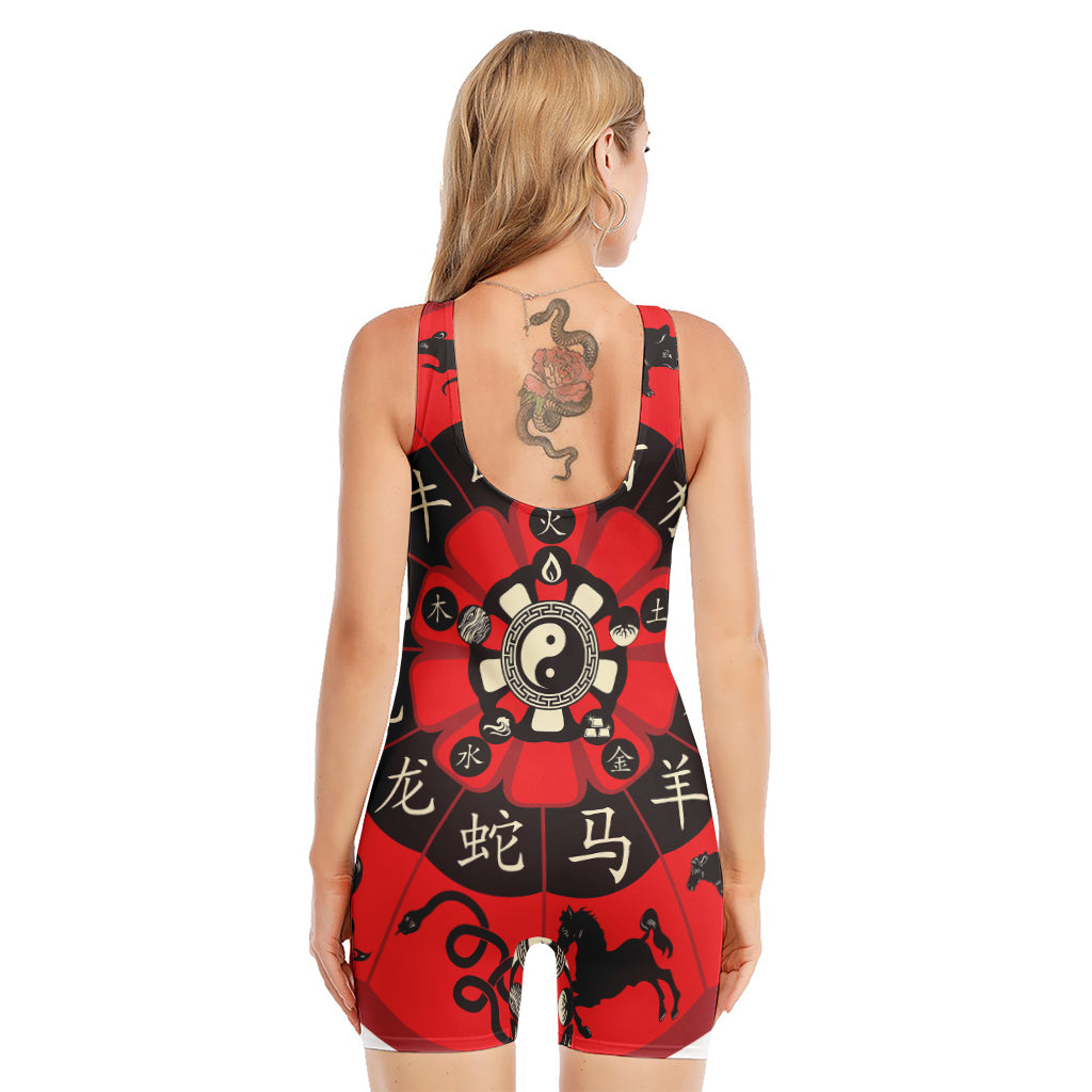 Red Chinese Zodiac Wheel Print Sleeveless One Piece Swimsuit
