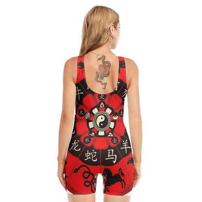 Red Chinese Zodiac Wheel Print Sleeveless One Piece Swimsuit