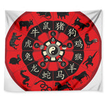 Red Chinese Zodiac Wheel Print Tapestry