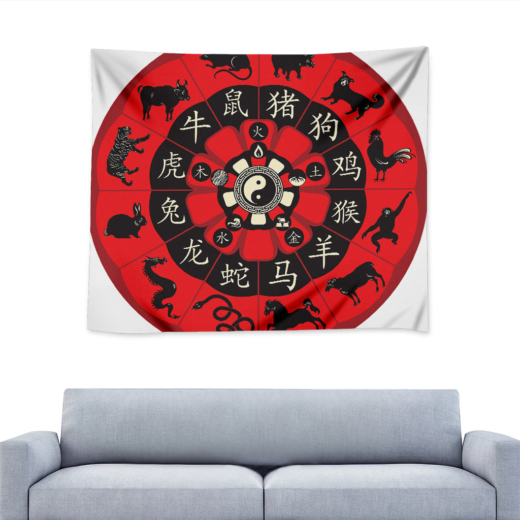 Red Chinese Zodiac Wheel Print Tapestry