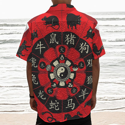 Red Chinese Zodiac Wheel Print Textured Short Sleeve Shirt