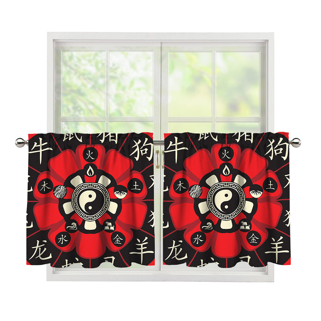 Red Chinese Zodiac Wheel Print Tier Curtains