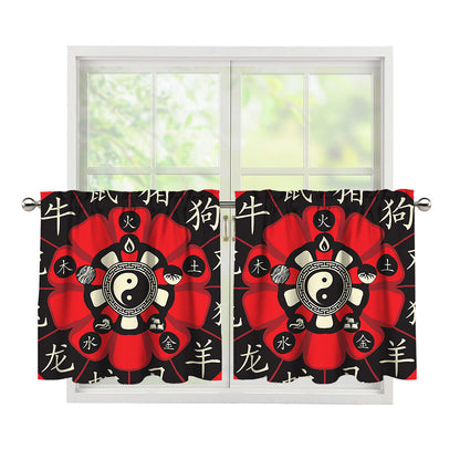 Red Chinese Zodiac Wheel Print Tier Curtains