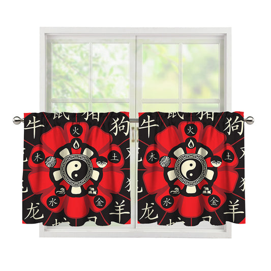 Red Chinese Zodiac Wheel Print Tier Curtains