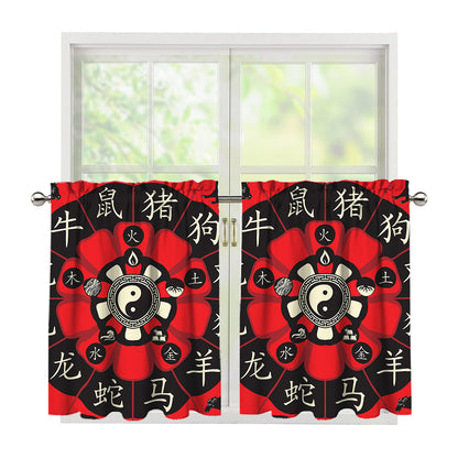 Red Chinese Zodiac Wheel Print Tier Curtains