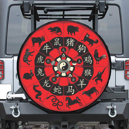 Red Chinese Zodiac Wheel Print Tire Cover