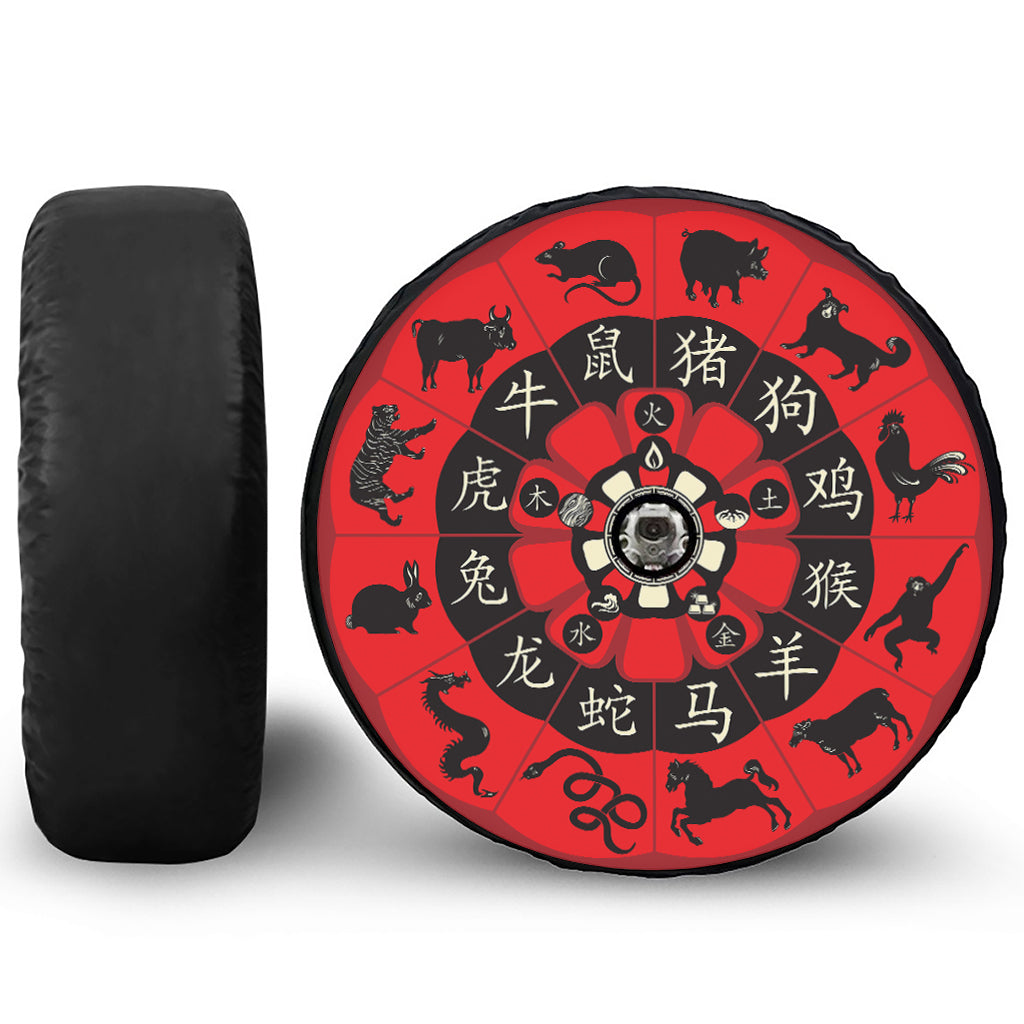 Red Chinese Zodiac Wheel Print Tire Cover With Camera Hole