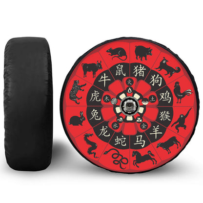 Red Chinese Zodiac Wheel Print Tire Cover With Camera Hole