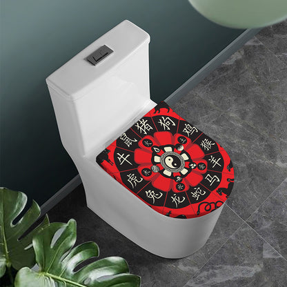 Red Chinese Zodiac Wheel Print Toilet Lid Cover