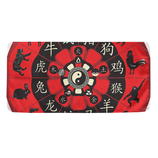 Red Chinese Zodiac Wheel Print Towel