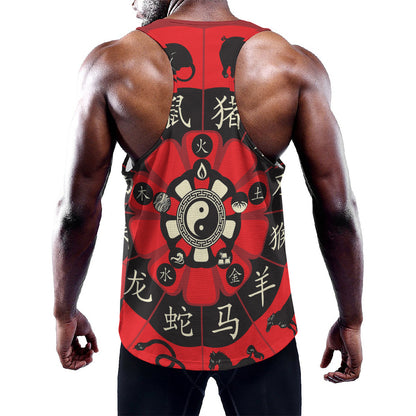 Red Chinese Zodiac Wheel Print Training Tank Top