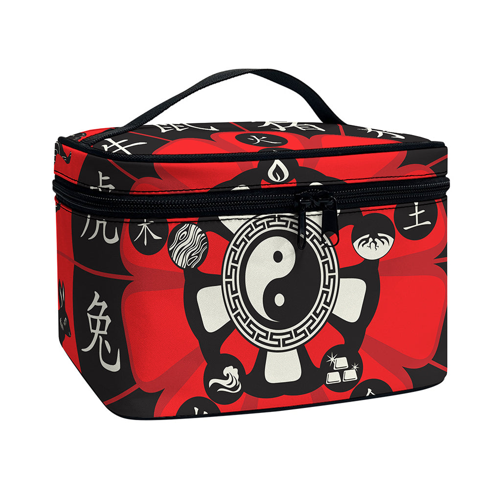 Red Chinese Zodiac Wheel Print Travel Makeup Bag