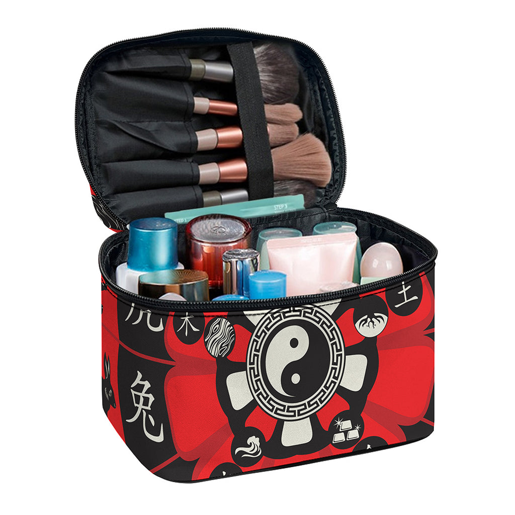 Red Chinese Zodiac Wheel Print Travel Makeup Bag