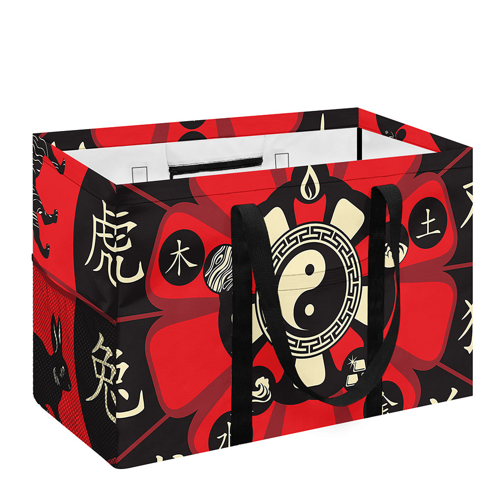 Red Chinese Zodiac Wheel Print Utility Tote Bag