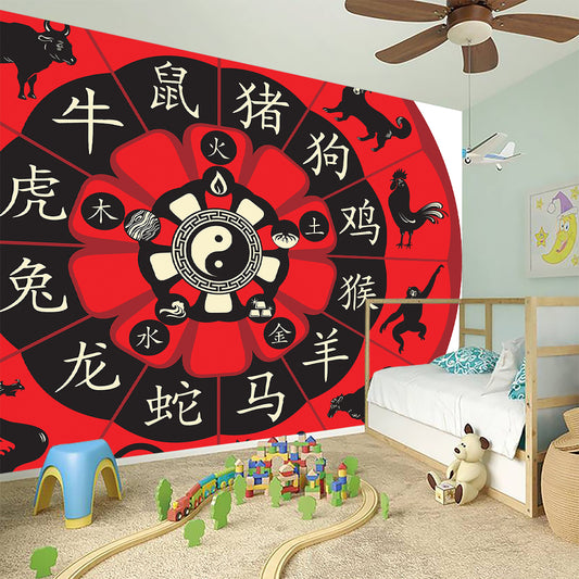 Red Chinese Zodiac Wheel Print Wall Sticker