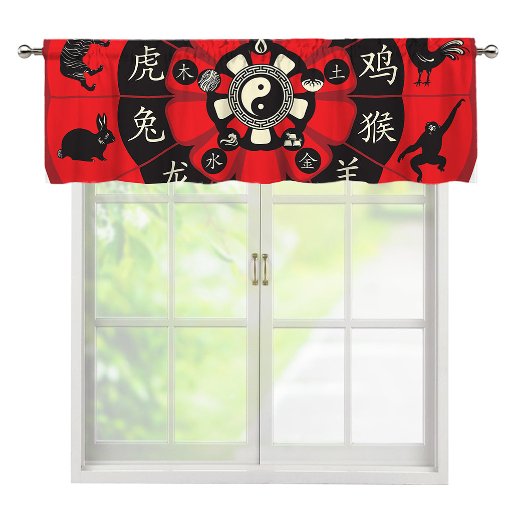 Red Chinese Zodiac Wheel Print Window Valance