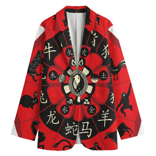 Red Chinese Zodiac Wheel Print Women's Blazer