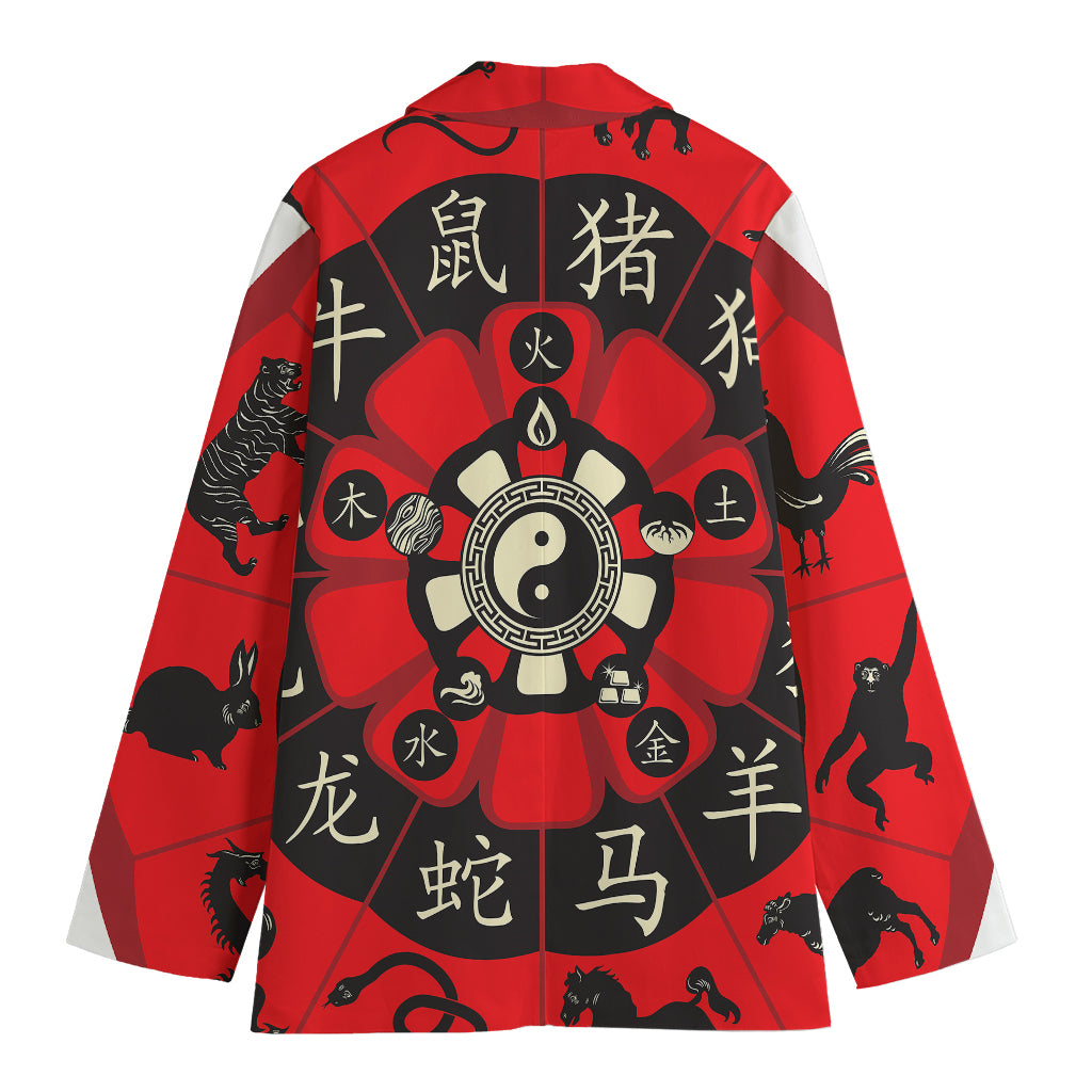 Red Chinese Zodiac Wheel Print Women's Blazer