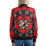 Red Chinese Zodiac Wheel Print Women's Bomber Jacket