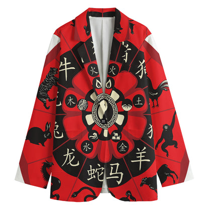 Red Chinese Zodiac Wheel Print Women's Cotton Blazer
