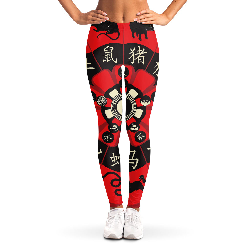 Red Chinese Zodiac Wheel Print Women's Leggings
