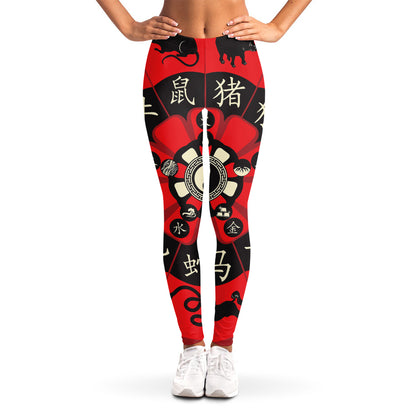 Red Chinese Zodiac Wheel Print Women's Leggings