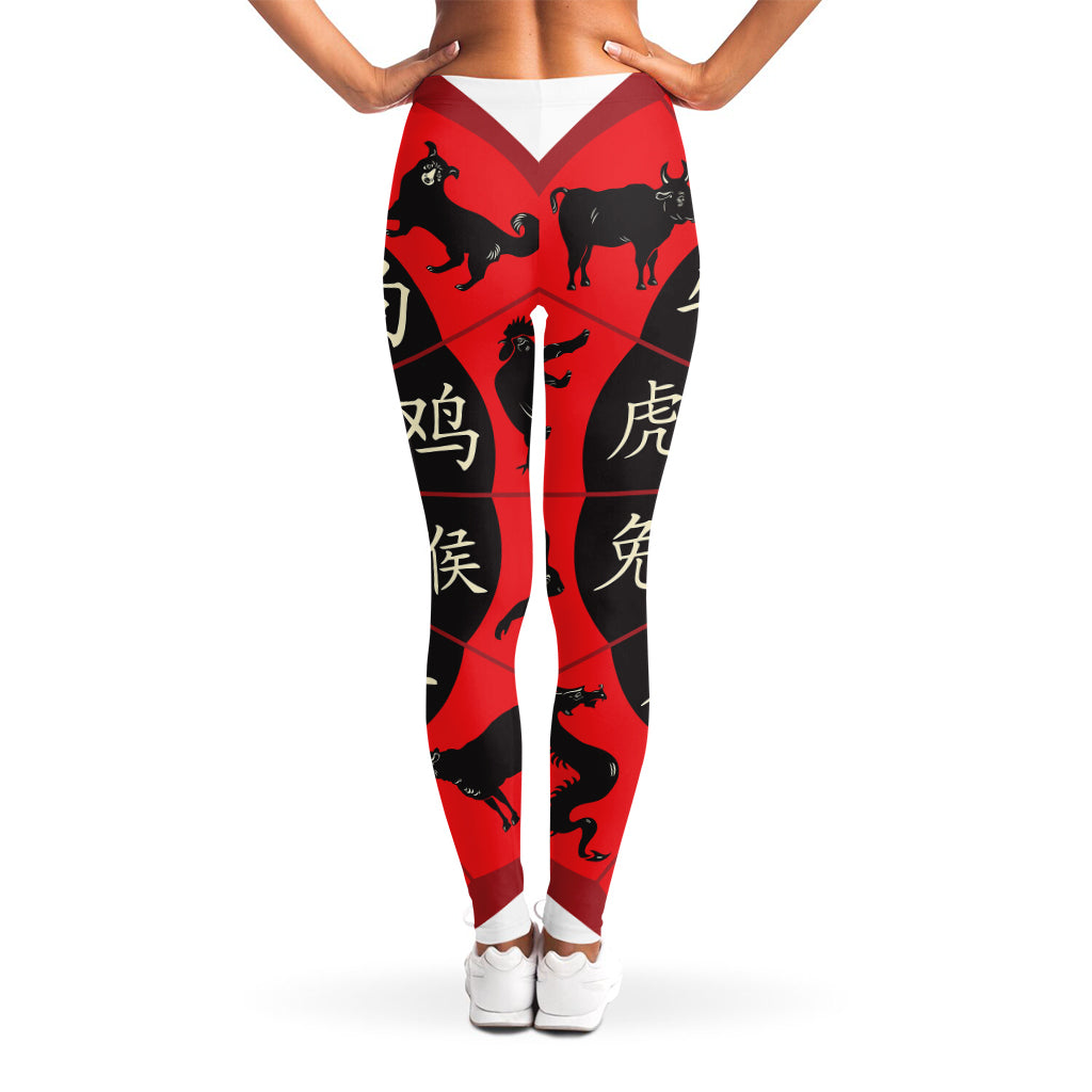 Red Chinese Zodiac Wheel Print Women's Leggings