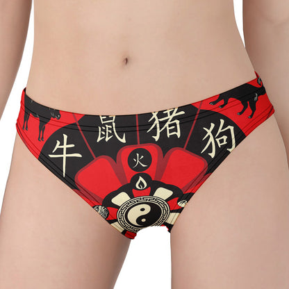 Red Chinese Zodiac Wheel Print Women's Panties