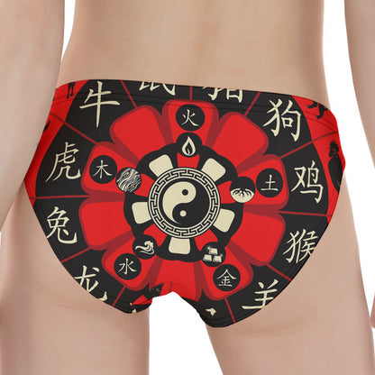 Red Chinese Zodiac Wheel Print Women's Panties