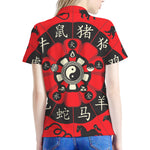 Red Chinese Zodiac Wheel Print Women's Polo Shirt