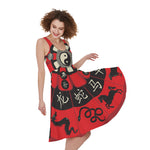 Red Chinese Zodiac Wheel Print Women's Sleeveless Dress