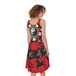 Red Chinese Zodiac Wheel Print Women's Sleeveless Dress