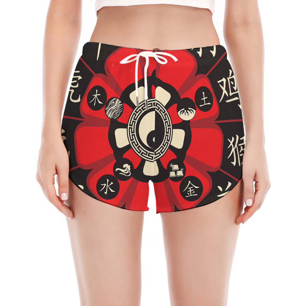 Red Chinese Zodiac Wheel Print Women's Split Running Shorts