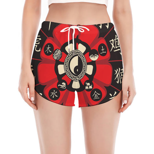 Red Chinese Zodiac Wheel Print Women's Split Running Shorts