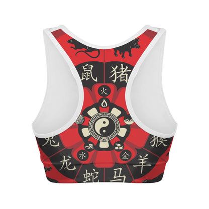 Red Chinese Zodiac Wheel Print Women's Sports Bra