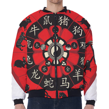 Red Chinese Zodiac Wheel Print Zip Sleeve Bomber Jacket