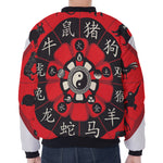 Red Chinese Zodiac Wheel Print Zip Sleeve Bomber Jacket
