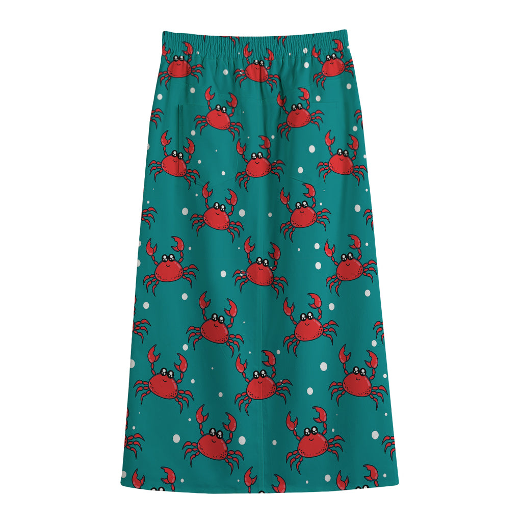 Red Crab Pattern Print Cotton Front Slit Maxi Skirt