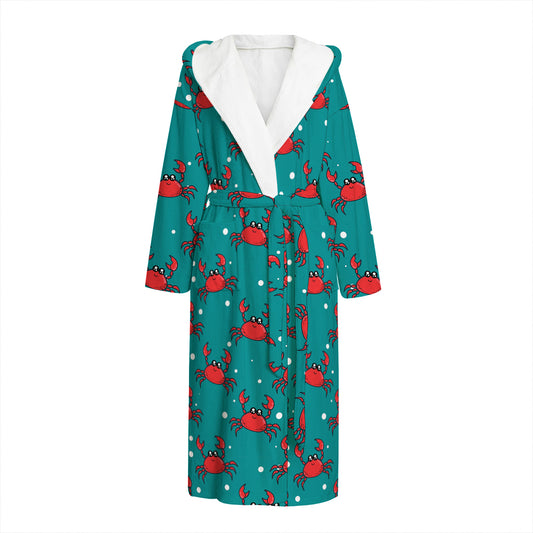 Red Crab Pattern Print Hooded Bathrobe