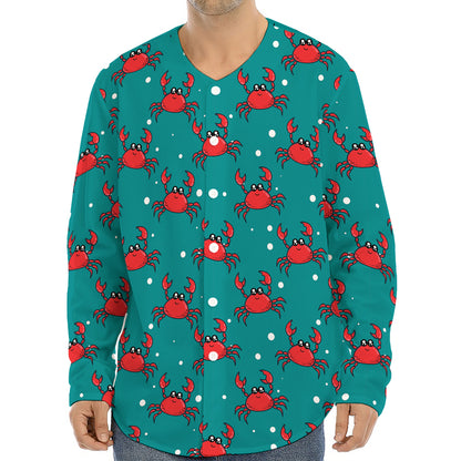 Red Crab Pattern Print Long Sleeve Baseball Jersey