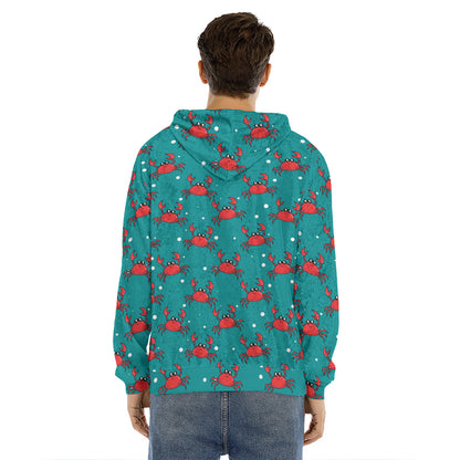 Red Crab Pattern Print Men's Velvet Pullover Hoodie