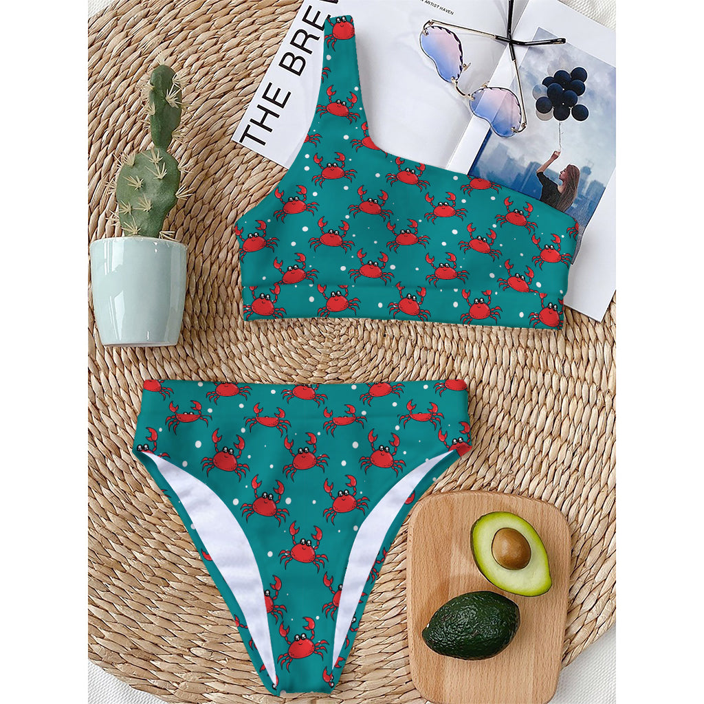 Red Crab Pattern Print One Shoulder Bikini Top