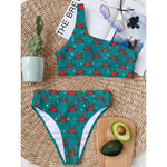 Red Crab Pattern Print One Shoulder Bikini Top