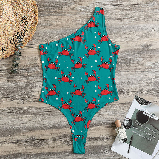 Red Crab Pattern Print One Shoulder Bodysuit