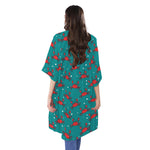 Red Crab Pattern Print Open Front Beach Cover Up