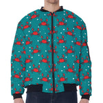 Red Crab Pattern Print Zip Sleeve Bomber Jacket