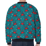 Red Crab Pattern Print Zip Sleeve Bomber Jacket
