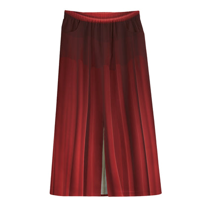 Red Curtain Theater Print Cotton Front Slit Maxi Skirt